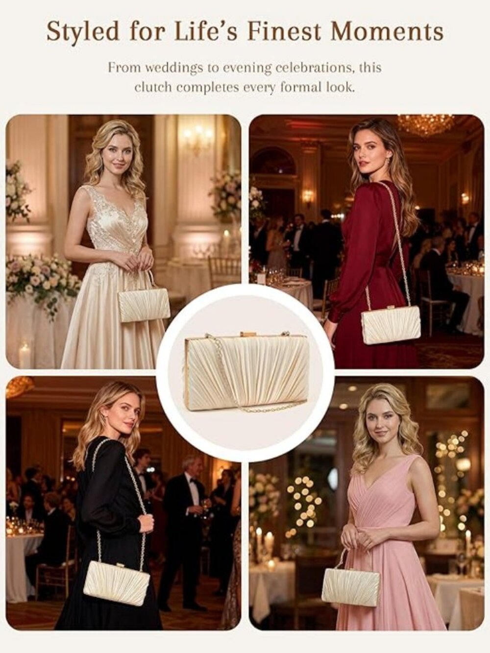 Champagne Scalloped Satin Evening Clutch - Picture 4 of 5